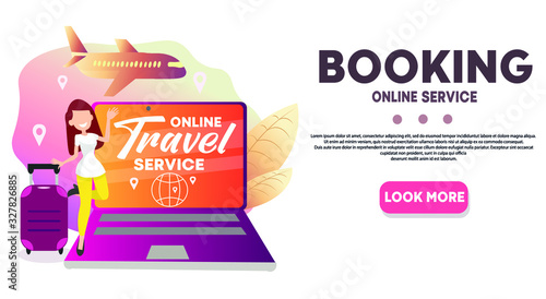 Online travel and tourism service, hotel reservation, tickets. Web site design concept. girl with a suitcase. Summer holidays. Онлайн бронирование туров, отдых за границей, путешествия.