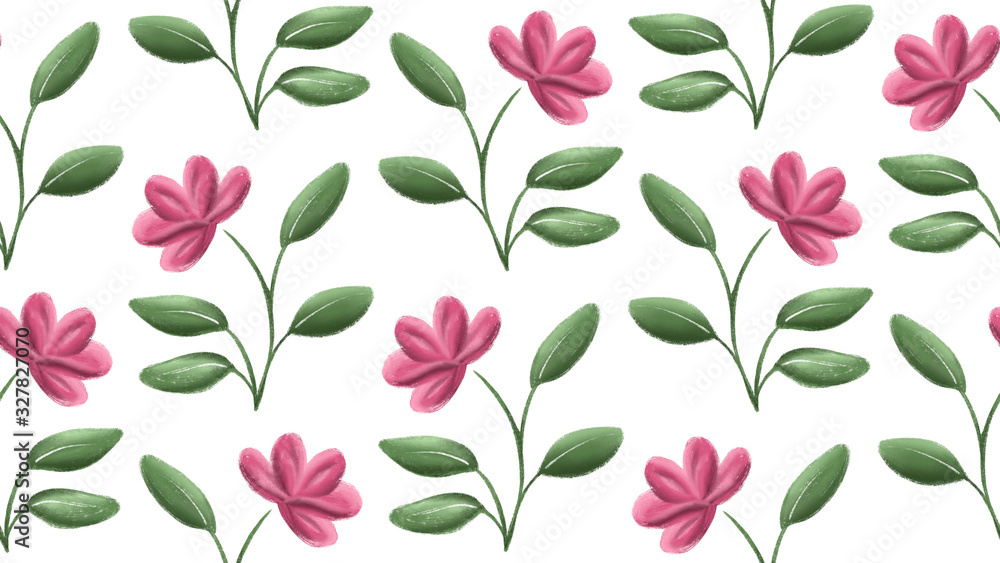 Pink gouache flowers with green leaves, spring rose floral seamless pattern