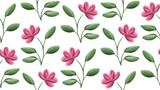 Pink gouache flowers with green leaves, spring rose floral seamless pattern