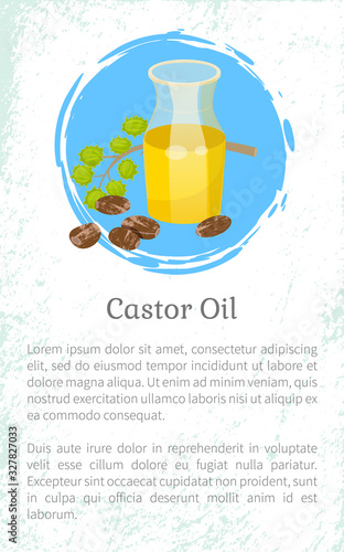 Castor oil info poster, jar with poured oily essence from seeds of ecological element for cosmetics. Hair growth and treatment, skincare and body care. Container with lotion for massage, vector
