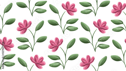 Pink gouache flowers with green leaves  spring rose floral seamless pattern