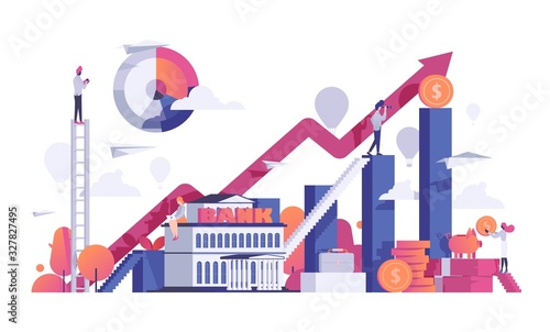 Business people finance bank vector illustration. Financial analytic growth graph. Banking concept, money background graphic design. currency, businessman do online payment flat style business people