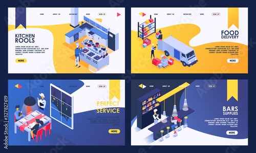 Isometric restaurant vector illustration. Kitchen with cooking food, people ordering dinner in restaurant, food delivery, clientele barista in bar counter. Catering business landing page set