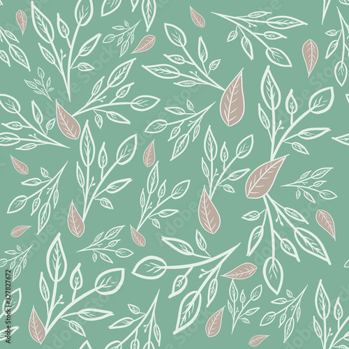 seamless pattern with grey leaves, white branches on green background. Spring/summer fashion print. Luxury pattern. Packaging, wallpaper, textile, fabric design