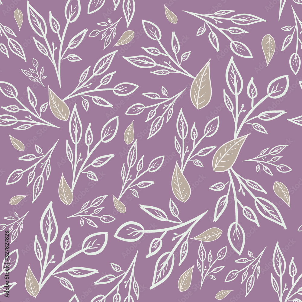Fototapeta premium seamless floral pattern with white branches and leaves on pink background. Doodle. Fashion print. Packaging, wallpaper, textile, fabric design