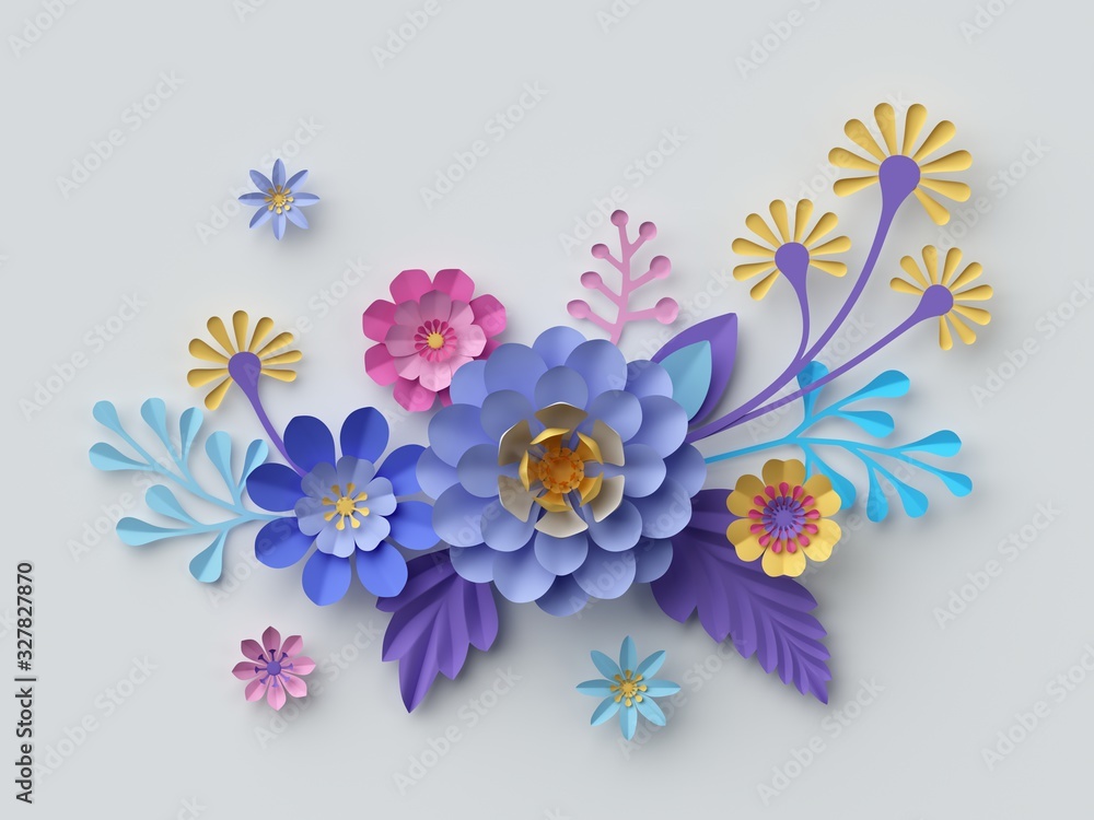 3d render, abstract pink yellow blue paper flowers isolated on white background. Colorful spring bouquet. Floral arrangement garland. Handmade botanical wall decor flat lay, festive embellishment 3d render, abstract pink yellow blue paper flowers isolated on white background. Colorful spring bouquet. Floral arrangement garland. Handmade botanical wall decor flat lay, festive embellishment