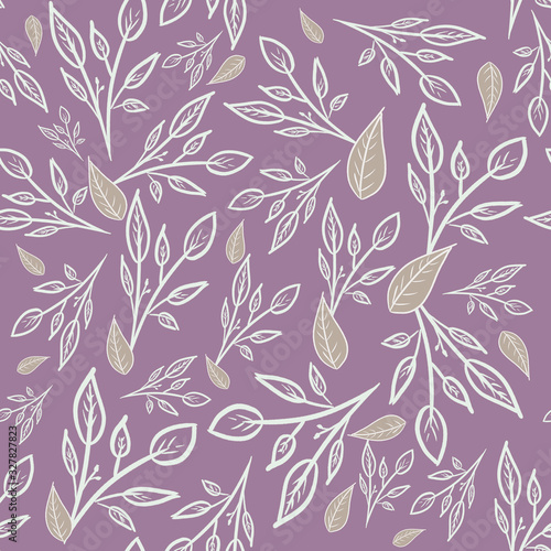 seamless floral pattern with white branches and leaves on pink background. Doodle. Fashion print. Packaging  wallpaper  textile  fabric design