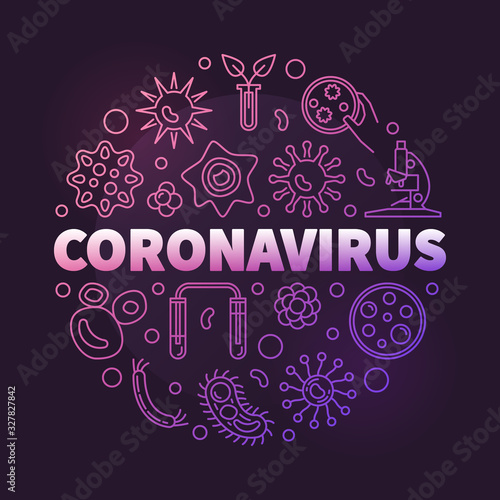 Coronavirus vector concept linear colorful round illustration on dark background