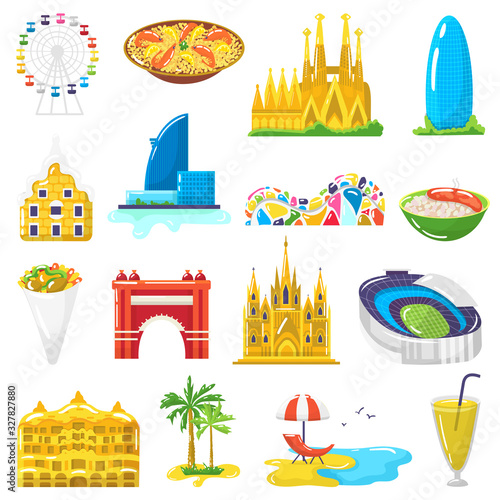 Spain travel tourist attractions, tourism in Barcelona city isolated vector illustrations. Spanish food cuisine, famous touristic landmarks architecture for travelers, beach vacations icons set