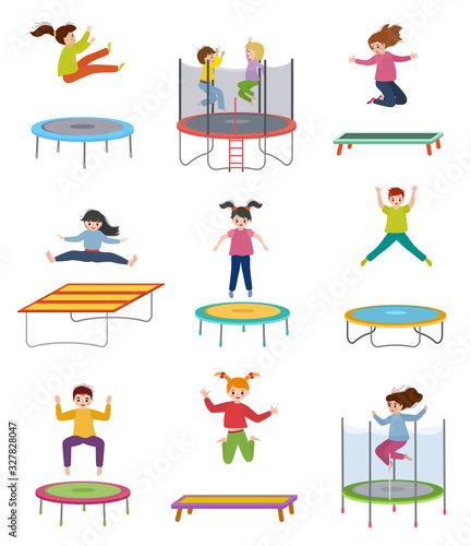 Children jumps on trampolines vector illustrations. Active kids having fun, child jumping high, cute boy and girl playing on trampoline and smiling. Happy little trampoliners, isolated icon set