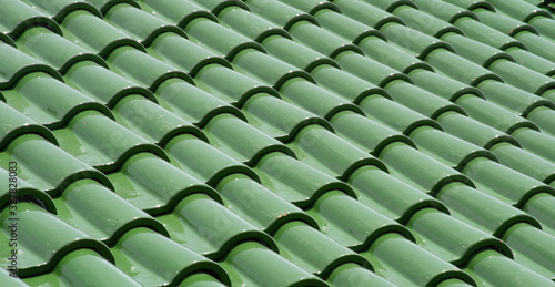 Gloss Green terracotta roof tiles closeup diagonal 