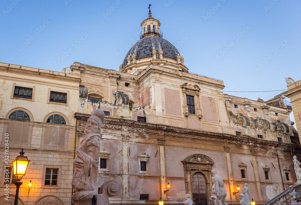 Facade of St Catherine Church located on Pretoria Square also known as Square of Shame in Palermo, Sicily Island in Italy