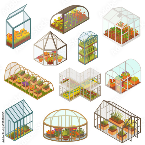 Greenhouse isometric vector illustration. Farm garden with growing agricultural plants and colorful flowers in glass green houses of various shapes, greenhouse cultivate gardening 3d isolated icon set