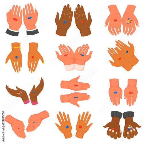 Hands with red and blue pill vector illustration. Cartoon multi ethnic human hands holding medical pills, medicine tablets, drugs, vitamin capsules in open palm. Concept of choice. Isolated icons set