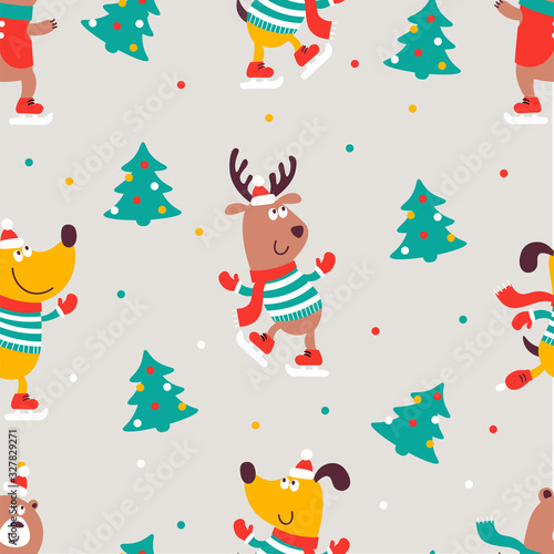 Vector seamless pattern with animals bear, dog, deer, new year tree, color dots. It can be used for backgrounds, fabric, surface textures, wallpapers, pattern fills