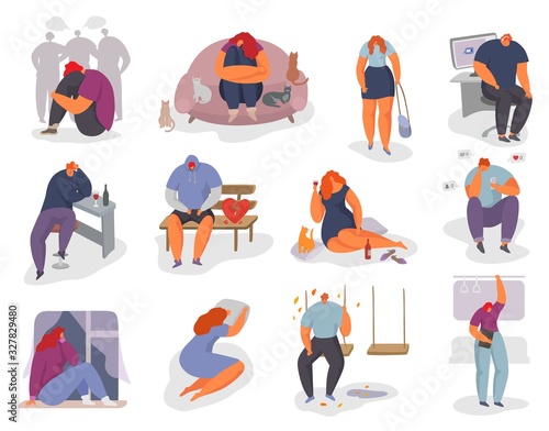 People feel lonely vector illustration set. Cartoon young woman man character sitting alone, feeling stress emotion, depression. Sad male female person in problem, loneliness fear, isolated on white