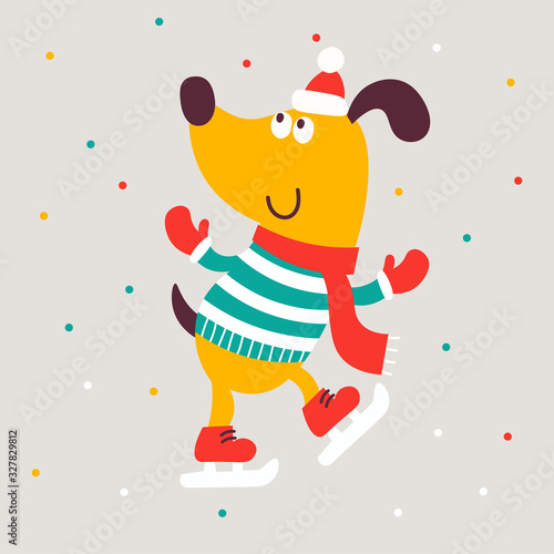 Cute cartoon dog illustration isolated on grey background. Yellow Christmas Puppy