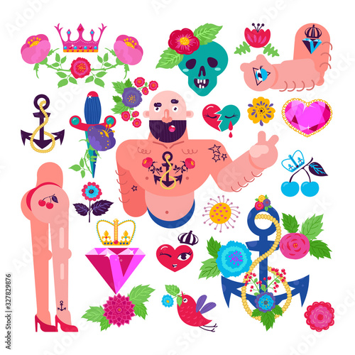 Old school tattoo set vector illustrations. Flat cartoon comic tattooed peopl...