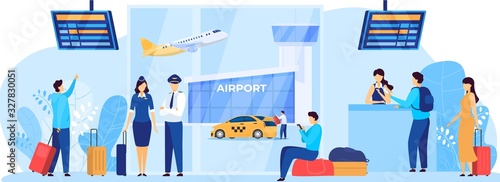 Airport services, flight crew and passengers, vector illustration. People waiting for airplane departure, flight attendant cartoon character. Men and women airline passengers with baggage at terminal