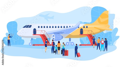 Passengers boarding airplane, people at airport, vector illustration. Flight crew and travelers cartoon characters, men and women with baggage boarding plane. Stewardess checking flight tickets