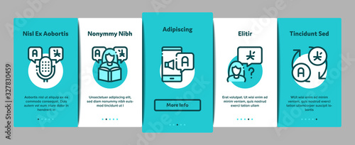 Interpreter Translator Onboarding Mobile App Page Screen Vector. Interpreter In Smartphone And Web Site, Laptop And Microphone, Language Linguist Concept Linear Pictograms. Color Contour Illustrations