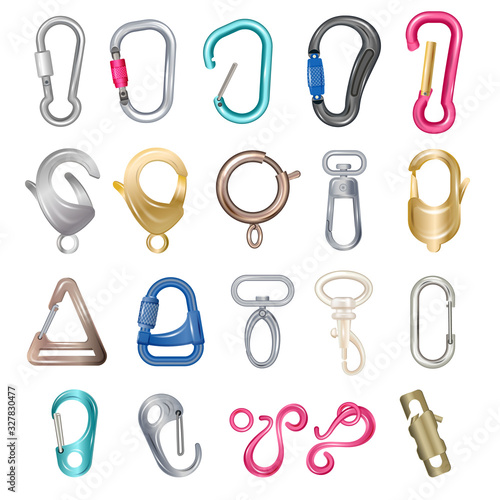 Carabiner clasps isolated vector illustrations. Metal colored carabiner with open closed hook, technical clips and claws for bag or carbine snap for climbing hiking clasped rope equipment icons set photo