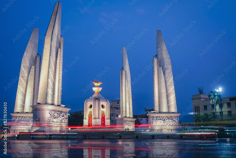 Democracy Monument is a night-time landmark in Bangkok, Thailand.