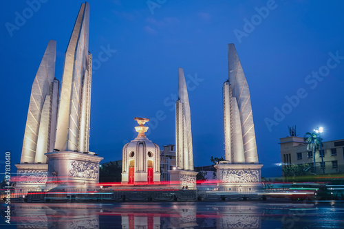 Democracy Monument is a night-time landmark in Bangkok, Thailand.