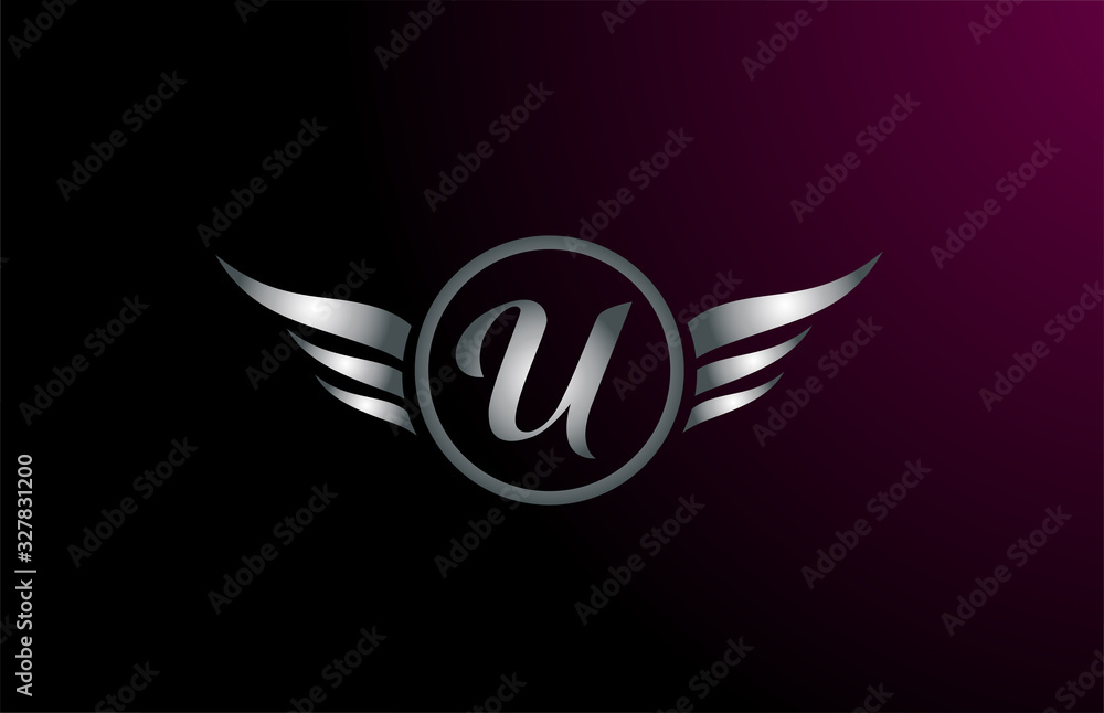 silver grey wings U letter alphabet logo design with metallic icon for business company silver grey wings U letter alphabet logo design with metallic icon for business company