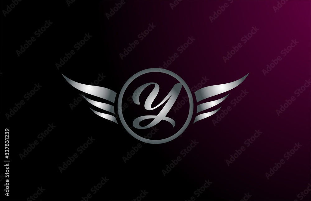 silver grey wings Y letter alphabet logo design with metallic icon for business company