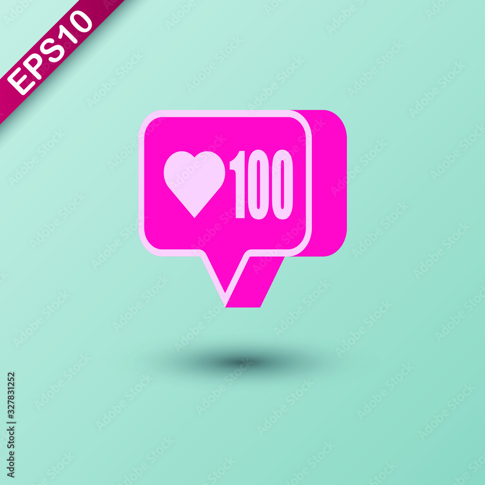 A floating 3D isometric 100 likes bubble notification in pink