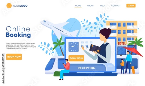 Hotel website design, online booking service, vector illustration. Room reservation and registration online, people booking hotel accommodation on website. Tourists check in service, reception desk