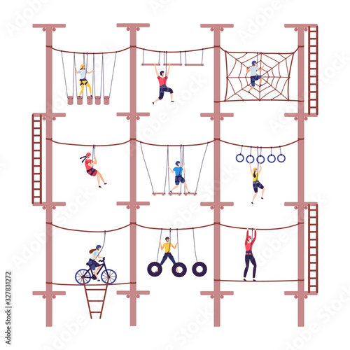 Activity children in extreme adventure rope park with climbing equipment in childhood cartoon climb vector illustration. Child overcoming obstacles took down. Action with team building. photo