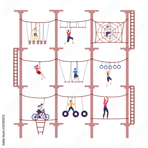 Activity children in extreme adventure rope park with climbing equipment in childhood cartoon climb vector illustration. Child overcoming obstacles took down. Action with team building.