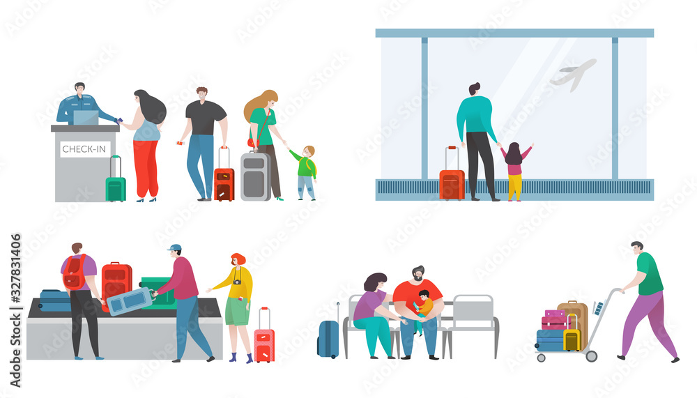 People with bags see airplane on window in modern terminal of airport hand drawn vector illustration isolated on white. Traveller with luggage sit on airport bench, carry baggage, heck in flight