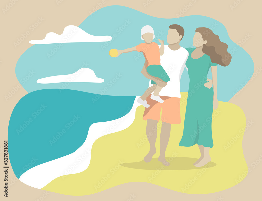 Family of mom, dad and little son on the sea shore. Flat design