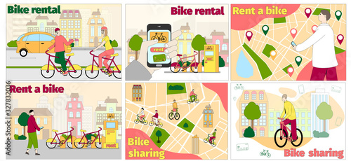Bike rental, sharing vector transportation hand drawn illustration. Bicycle online rent service app, biking sport with geotag. Urban park navigation concept for banner, web, mobile app, flyer, poster.