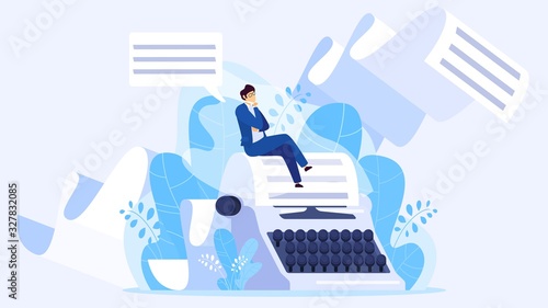 Author writing a book, tiny man sitting on huge typewriter, vector illustration. Creative screenwriter, poet, blogger or journalist working on article. Text editor, author cartoon character concept