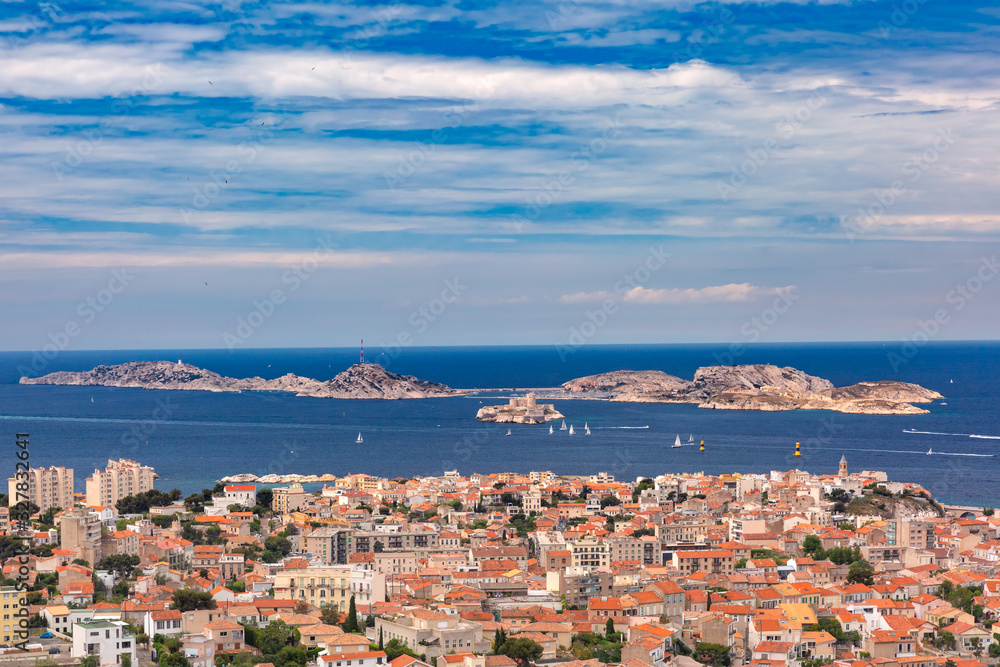 Panoramic aerial view of Marseilles skyline, islands and harbor, Marseille, the second largest city of France Panoramic aerial view of Marseilles skyline, islands and harbor, Marseille, the second largest city of France