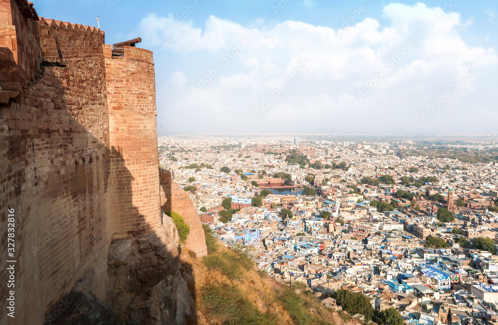 Mehrangarh Fort Unesco world heritage site on the hill travel landmark for tourism, cityscape in Jodhpur or blue city, Rajasthan, India