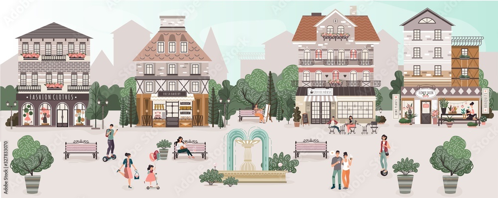 People on central square of cute old town, vector illustration. Historic houses with cozy cafe, fashion store and bakery shop. Men and women walking around town square, old European architecture