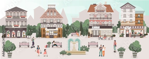 People on central square of cute old town, vector illustration. Historic houses with cozy cafe, fashion store and bakery shop. Men and women walking around town square, old European architecture
