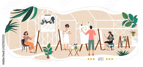 People painting in art studio, cartoon characters, vector illustration. Creative workspace for artists, painting class, easel with canvas, abstract art therapy. Men and women in studio, artist group