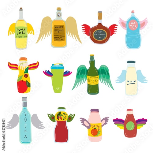 Flying bottle with wings for beverage on vector drinking hand drawn illustration isolated on white. Alcoholic, non-alcoholic drinks. Volant wine, whiskey, brandy and vodka. Yummy morse, milk, juice