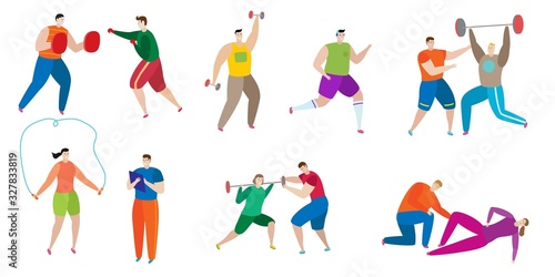 Fitness trainer workout with people on character sport hand drawn vector illustration isolated on white. Male and female personal coach training man, women in boxing, barbell, dumbbells and jump rope.