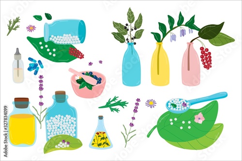 Homeopathy plants and medicines on organic natural homeopathic hand drawn vector illustration isolated on white. Alternative nature herbal treatment. Organic pills in glass jars, essential natural oil