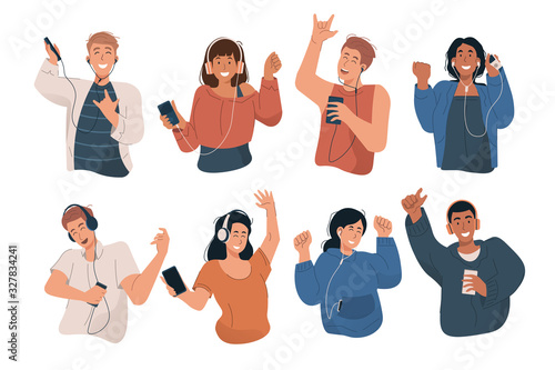 Happy young people wearing headphones and earphones. Boys and girls listening to music and dancing with mp3 player and smartphone. Flat cartoon characters set isolated on white background