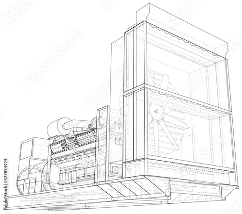 High voltage industrial standby dieasel generator at a power generation. The layers of visible and invisible lines are separated. EPS10 format. Wire-frame.