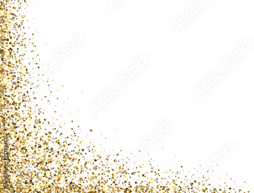 Glitter gold frame with sparkles and dust on white background. Luxury glitter decoration. Golden bright design for Christmas, Birthday, Wedding. Vector illustration