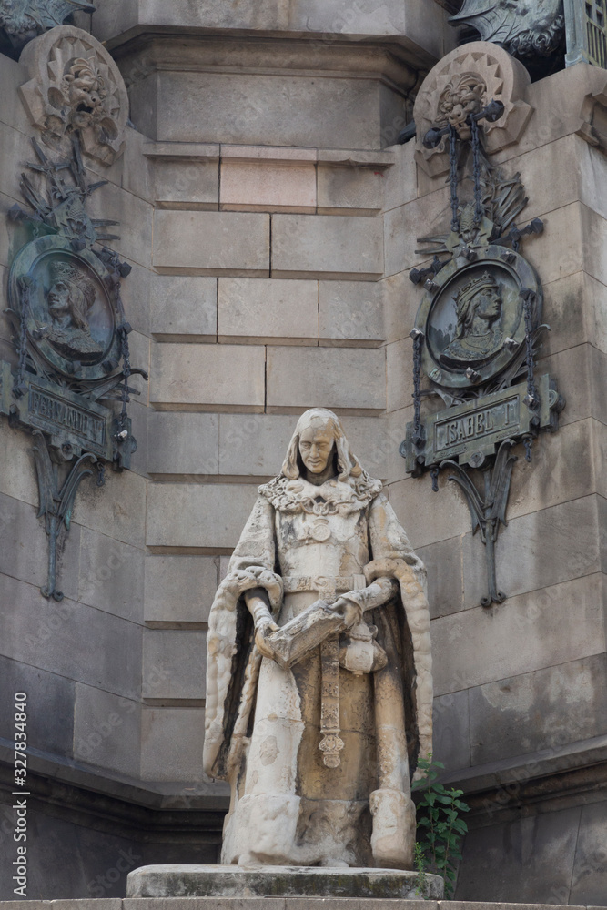 Detail of a Christopher Columbus monument in Barcelona, Span